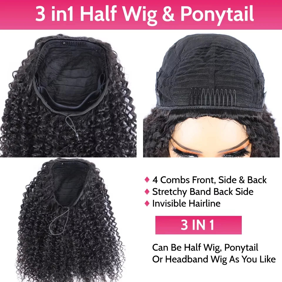 Kinky Curly Human Hair Wig 3 IN 1 Half Wigs Human Hair 250% Density Full Machine Made Clip-in With Drawstring Seamless