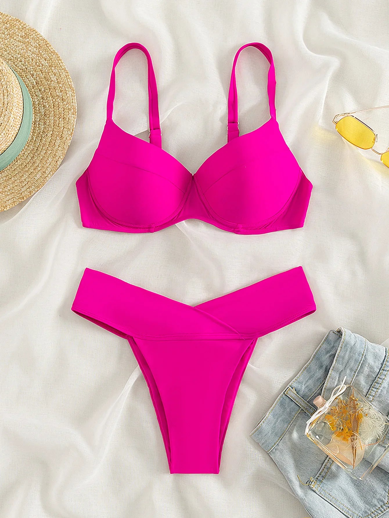 Women's Two Swimsuit Sexy Hot Pink 2 Piece Bikini High Waist Underwire Suspender Swimwear Beach Bathing Suit Beachwear 2025 New