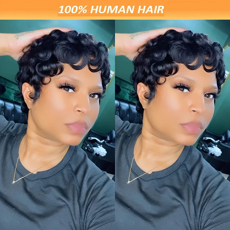 Curly 100% Human Hair Wigs Brazilian Remy Hair Pixie Cut Wigs Human Hair For Women Full Machine Made Wigs 150% Natural Color