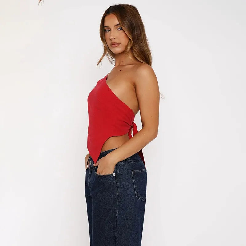 Inclined Shoulder Halter Top Asymmetrical Crop Tops Bandage Y2k Clothes Backless Hot Tops For Women Streetwear Tie Back Corset