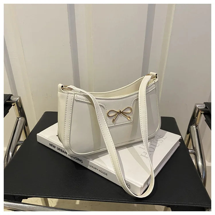 Chic Handbag Shoulder Bag for Women Elegant Underarm Purse with Golden-Tone Bow Detail, PU Material, Perfect for Everyday Use