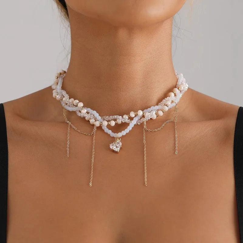 New Heart Beaded Necklace Bracelet Ring Women Boho Crystal Class Gravel Clavicle Chain Cool Y2K Choker Exquisite Fashion Jewelry