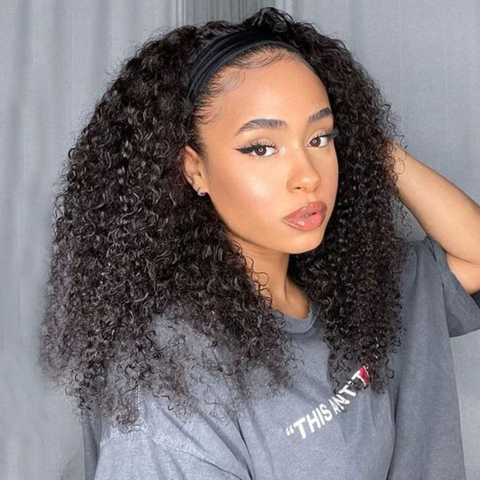 Jerry Curly Human Hair Headband Wig For Black Women 200% Density Glueless Malaysia Remy Kinky Curl Full Machine Made Human Wigs