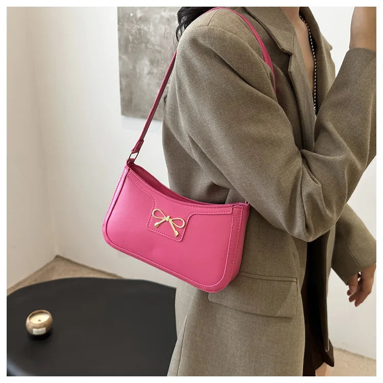 Chic Handbag Shoulder Bag for Women Elegant Underarm Purse with Golden-Tone Bow Detail, PU Material, Perfect for Everyday Use