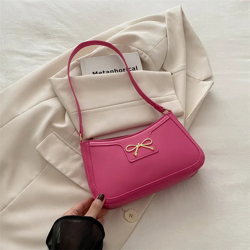 Chic Handbag Shoulder Bag for Women Elegant Underarm Purse with Golden-Tone Bow Detail, PU Material, Perfect for Everyday Use
