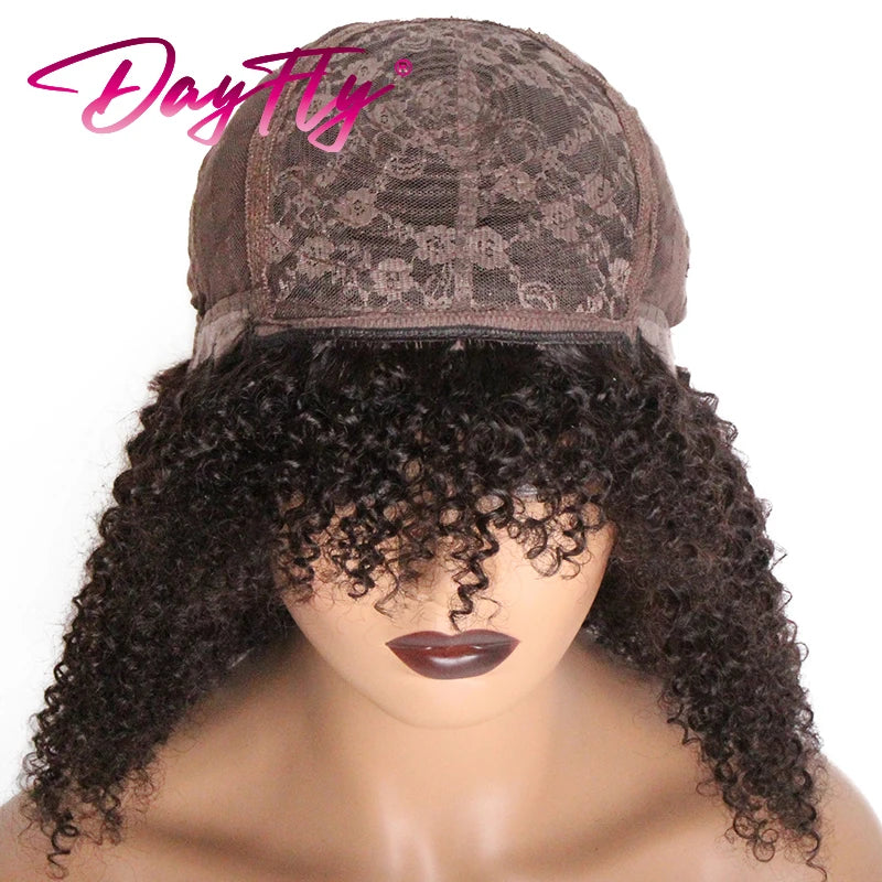 Human Hair Curly Wig With Bangs Natural Brazilian Hair Wigs For Women Short Curly Bob Wigs With Fringe 180% D Full Machine Wigs