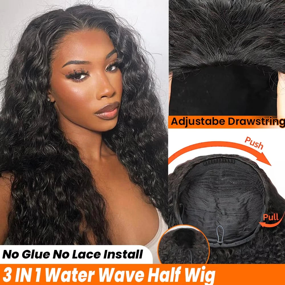 Kinky Curly Human Hair Wig 3 IN 1 Half Wigs Human Hair 250% Density Full Machine Made Clip-in With Drawstring Seamless