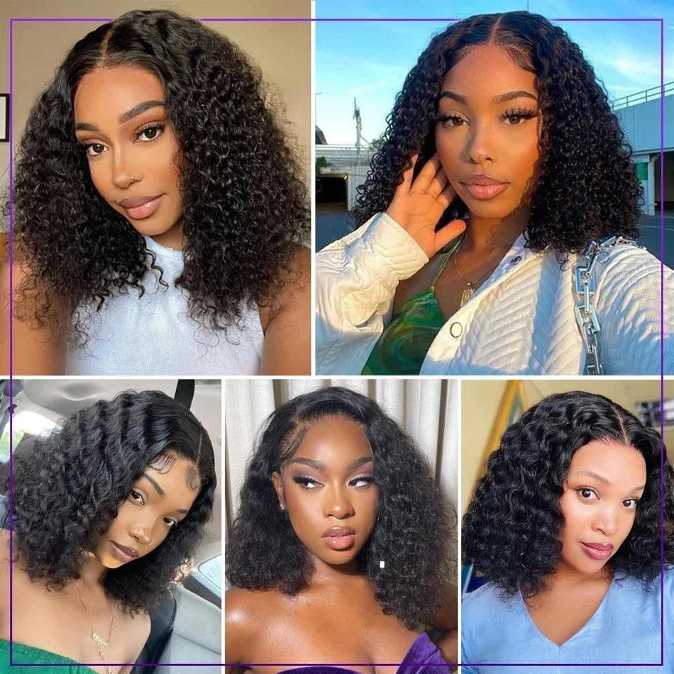 Brazilian 100% Human Deep Curly Bob Hair Wigs Natural Black Color Deep Wave HD Lace Front Part 13x4 Transparent Lace Wigs
