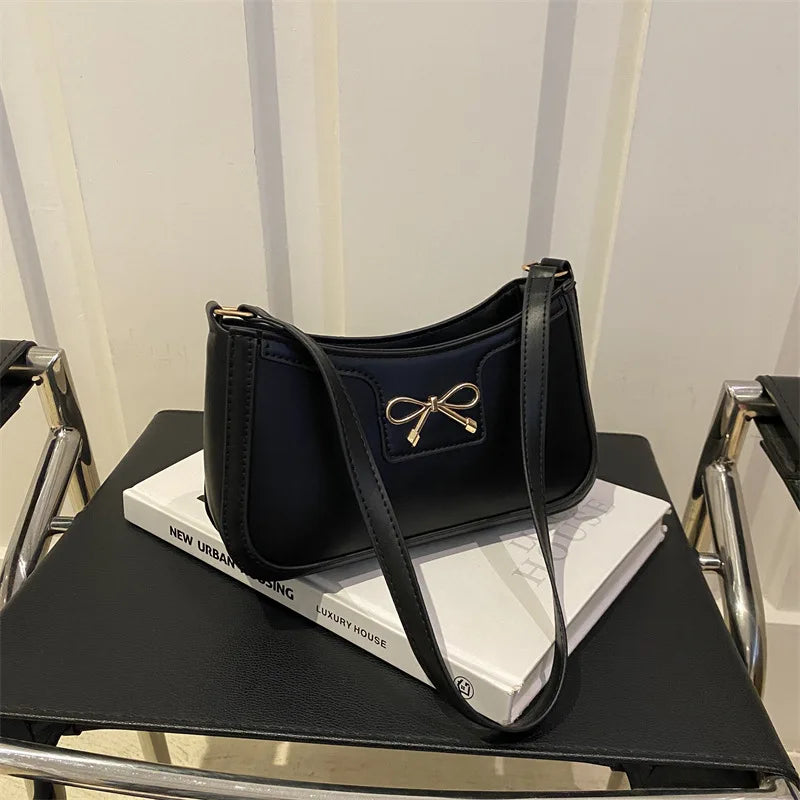 Chic Handbag Shoulder Bag for Women Elegant Underarm Purse with Golden-Tone Bow Detail, PU Material, Perfect for Everyday Use