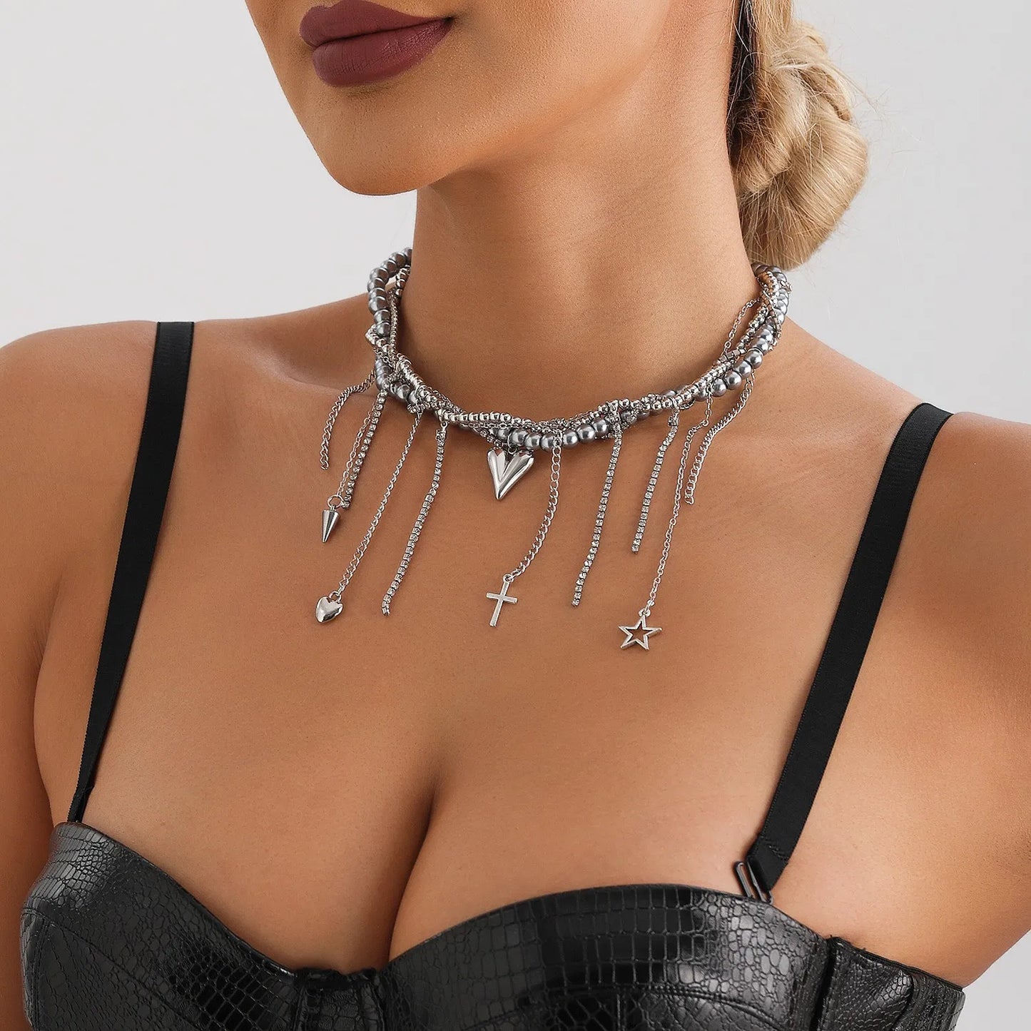 New Heart Beaded Necklace Bracelet Ring Women Boho Crystal Class Gravel Clavicle Chain Cool Y2K Choker Exquisite Fashion Jewelry