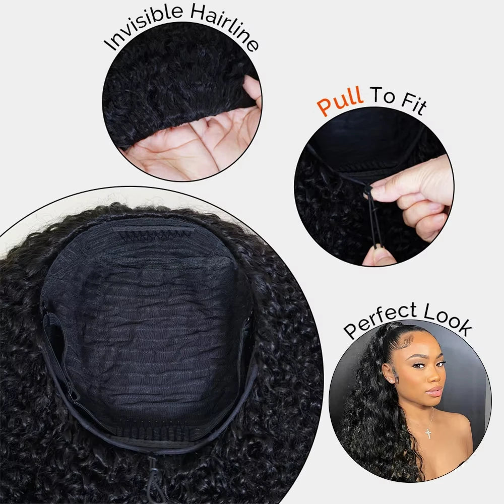 Kinky Curly Human Hair Wig 3 IN 1 Half Wigs Human Hair 250% Density Full Machine Made Clip-in With Drawstring Seamless