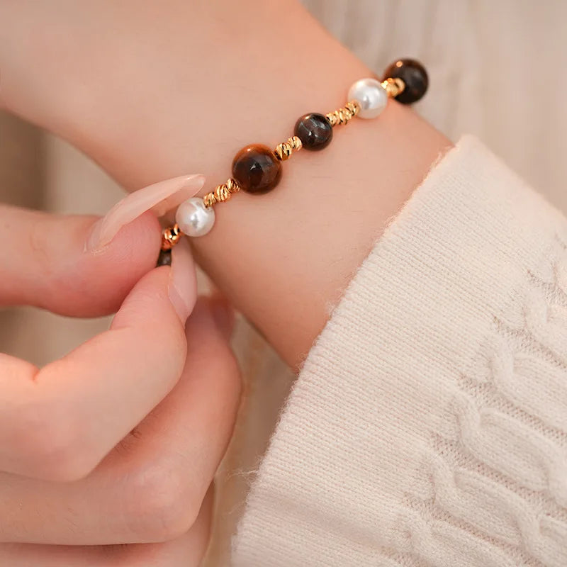 Stainless Steel Natural Tiger Eye Stone Bracelet For women Pearl Indian Style Necklaces and Bracelets Handmade Ethnic Jewel