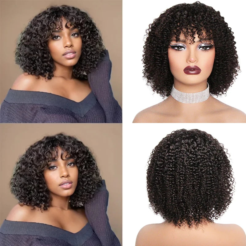 Human Hair Curly Wig With Bangs Natural Brazilian Hair Wigs For Women Short Curly Bob Wigs With Fringe 180% D Full Machine Wigs
