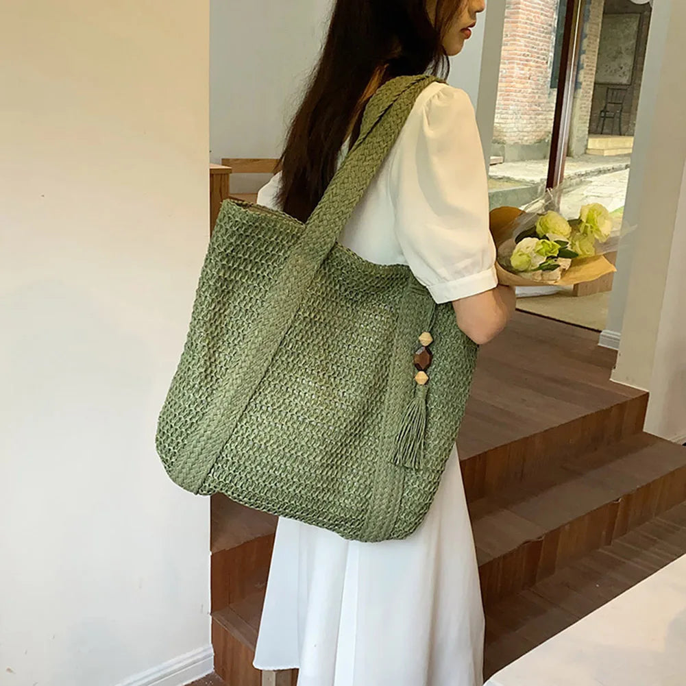 Hand-Woven Handbags Summer Ladies Woven Bag Fashion Handmade Simple Large Capacity with Tassel Pendant Shopping Handbag Tote