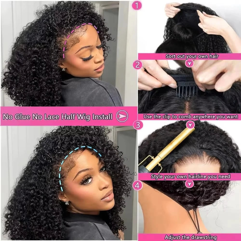 Kinky Curly Human Hair Wig 3 IN 1 Half Wigs Human Hair 250% Density Full Machine Made Clip-in With Drawstring Seamless