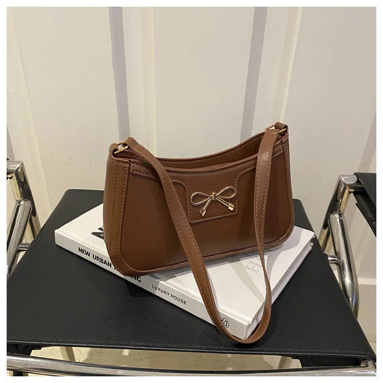 Chic Handbag Shoulder Bag for Women Elegant Underarm Purse with Golden-Tone Bow Detail, PU Material, Perfect for Everyday Use