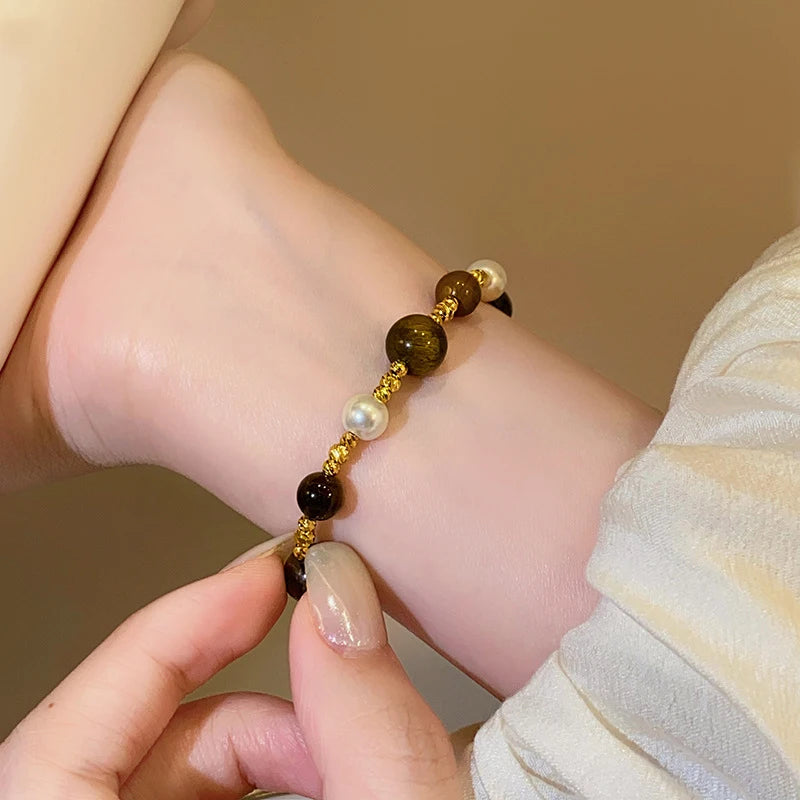 Stainless Steel Natural Tiger Eye Stone Bracelet For women Pearl Indian Style Necklaces and Bracelets Handmade Ethnic Jewel