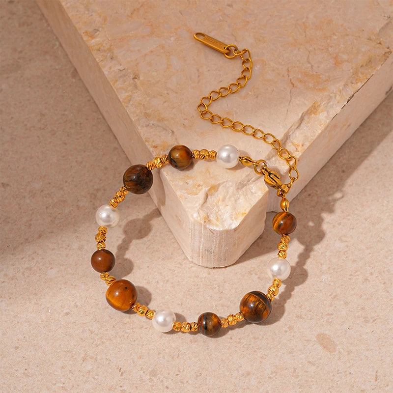 Stainless Steel Natural Tiger Eye Stone Bracelet For women Pearl Indian Style Necklaces and Bracelets Handmade Ethnic Jewel
