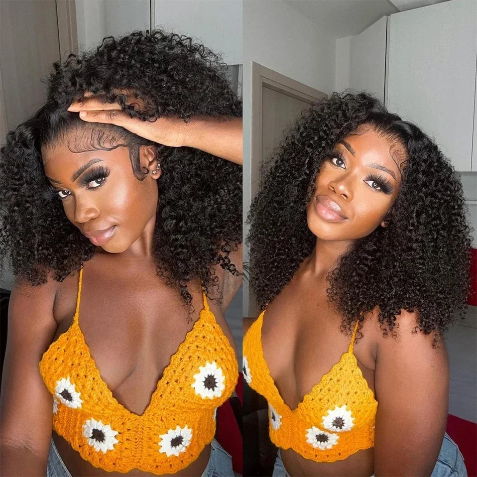 Brazilian 100% Human Deep Curly Bob Hair Wigs Natural Black Color Deep Wave HD Lace Front Wigs 13x4 Transparent Lace Frontal Wig