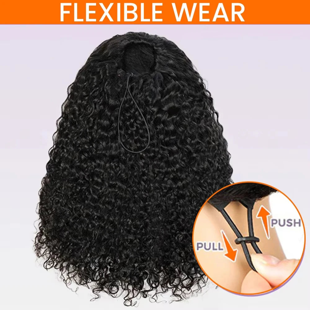 Kinky Curly Human Hair Wig 3 IN 1 Half Wigs Human Hair 250% Density Full Machine Made Clip-in With Drawstring Seamless