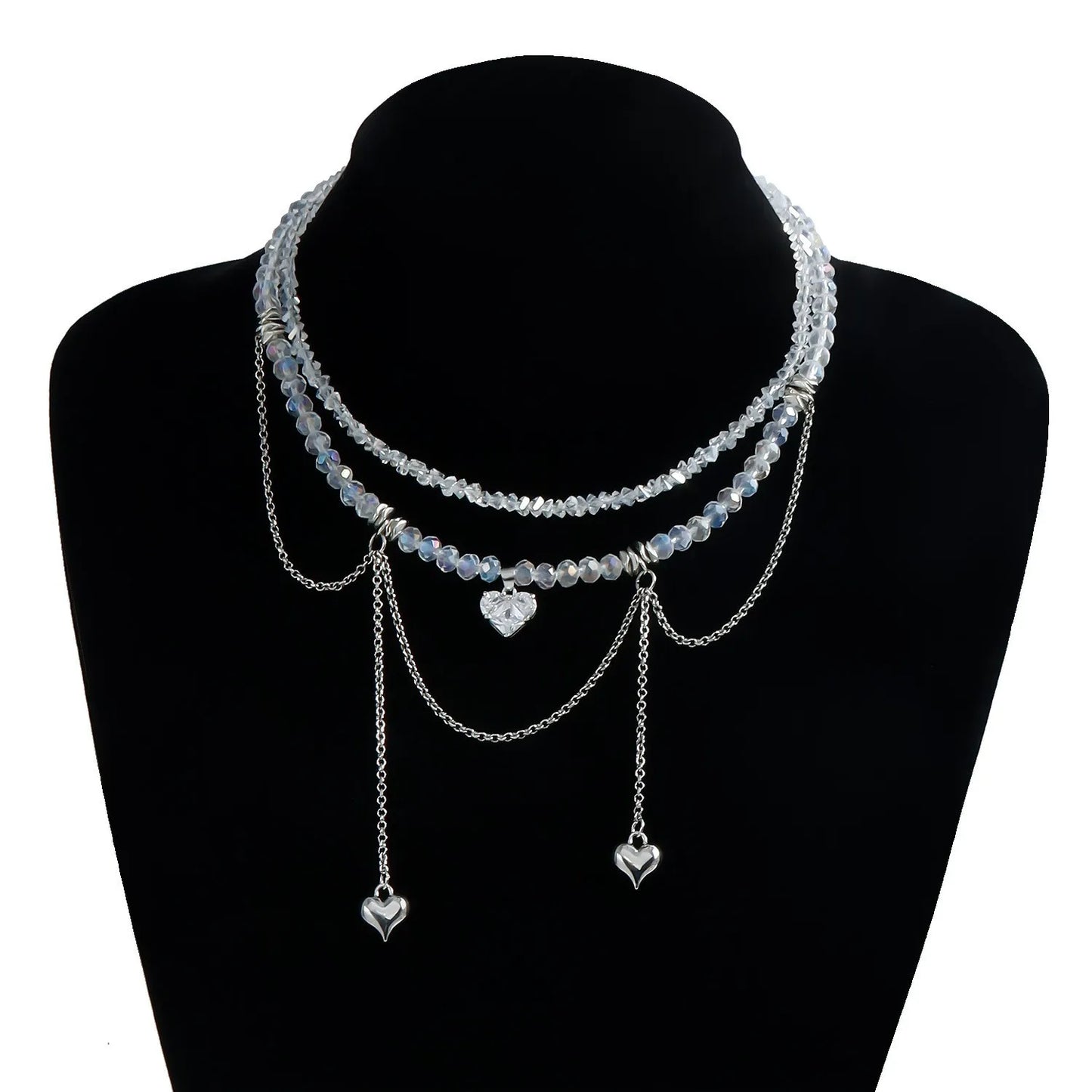New Heart Beaded Necklace Bracelet Ring Women Boho Crystal Class Gravel Clavicle Chain Cool Y2K Choker Exquisite Fashion Jewelry