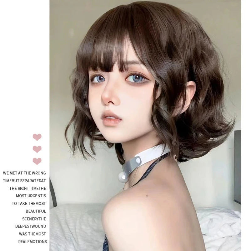 32m Synthetic Short Curly Hair Wig for Women Natural Wavy Wig with Air Bangs Fashionable Full Head Wig Cosplay Curly Hair Female