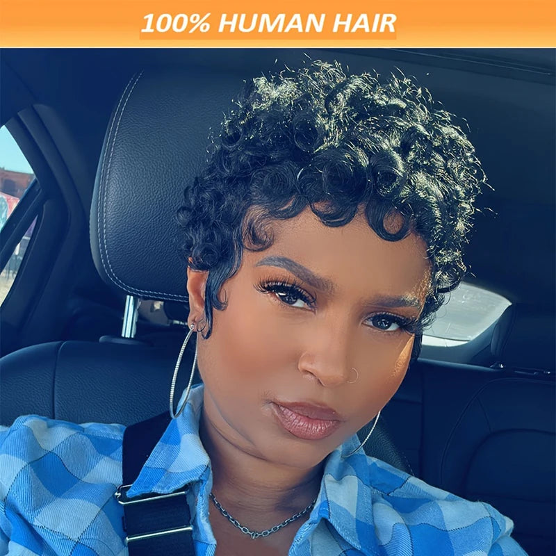 Curly 100% Human Hair Wigs Brazilian Remy Hair Pixie Cut Wigs Human Hair For Women Full Machine Made Wigs 150% Natural Color