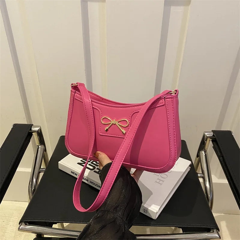 Chic Handbag Shoulder Bag for Women Elegant Underarm Purse with Golden-Tone Bow Detail, PU Material, Perfect for Everyday Use