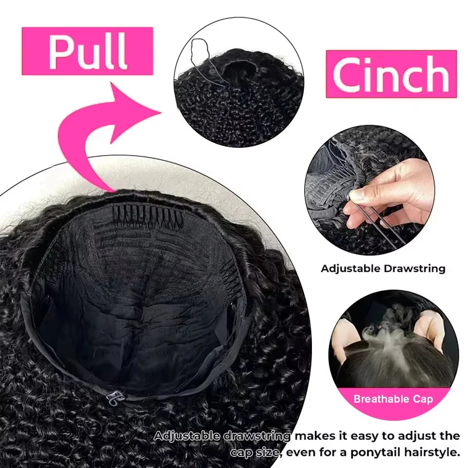 Kinky Curly Human Hair Wig 3 IN 1 Half Wigs Human Hair 250% Density Full Machine Made Clip-in With Drawstring Seamless