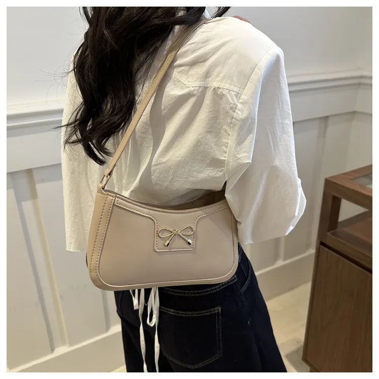Chic Handbag Shoulder Bag for Women Elegant Underarm Purse with Golden-Tone Bow Detail, PU Material, Perfect for Everyday Use