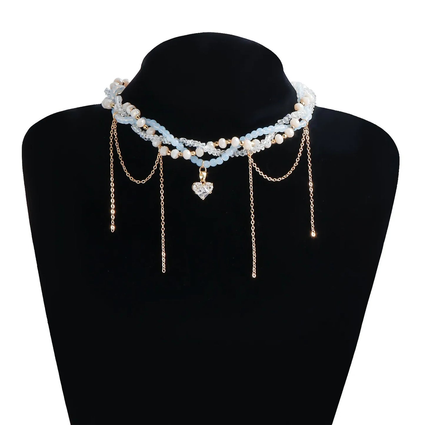 New Heart Beaded Necklace Bracelet Ring Women Boho Crystal Class Gravel Clavicle Chain Cool Y2K Choker Exquisite Fashion Jewelry