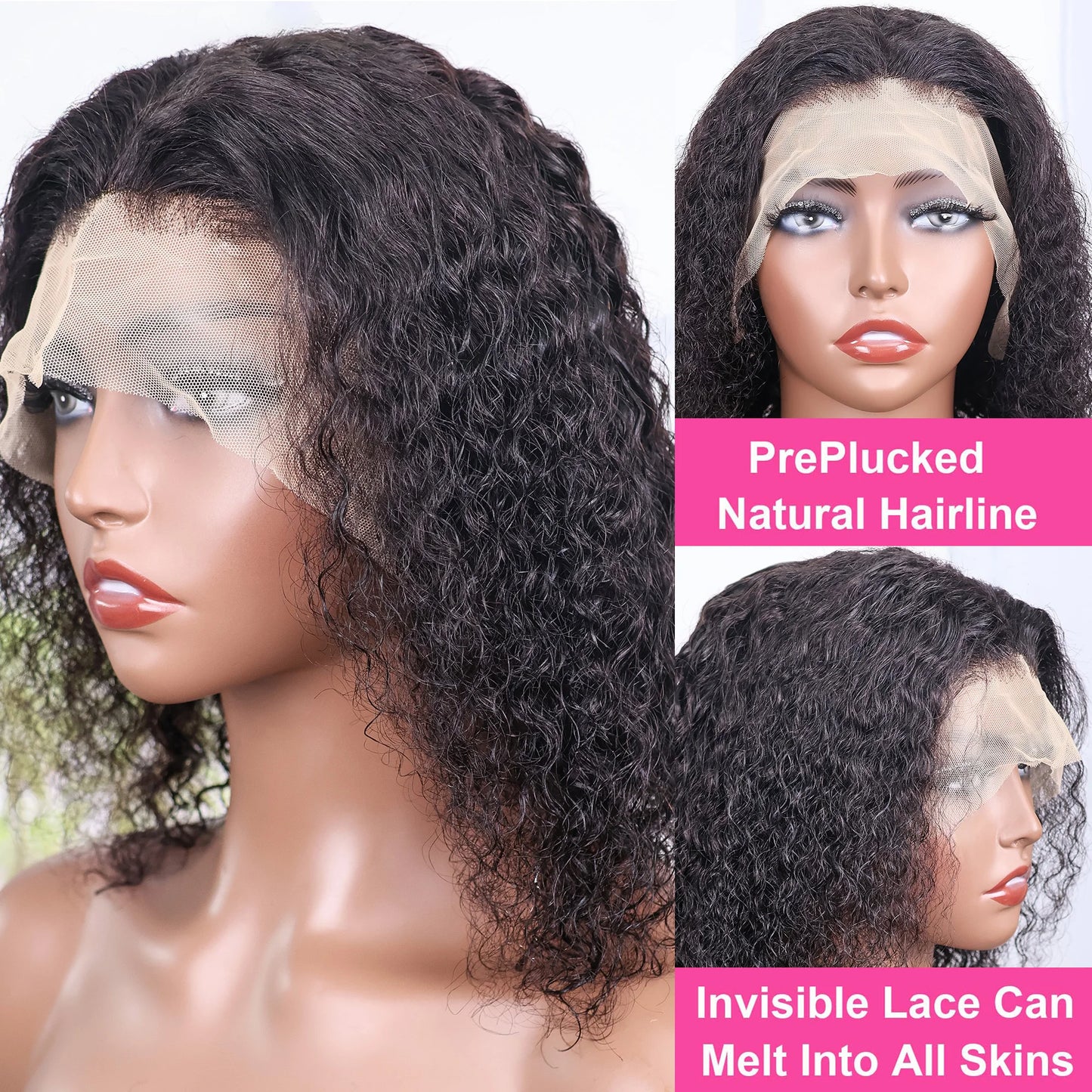Deep Curly Short Bob Wig 13x4 Transparent Lace Frontal 200 Density Natural Black Water Wave Brazilian Human Hair Wigs for Women