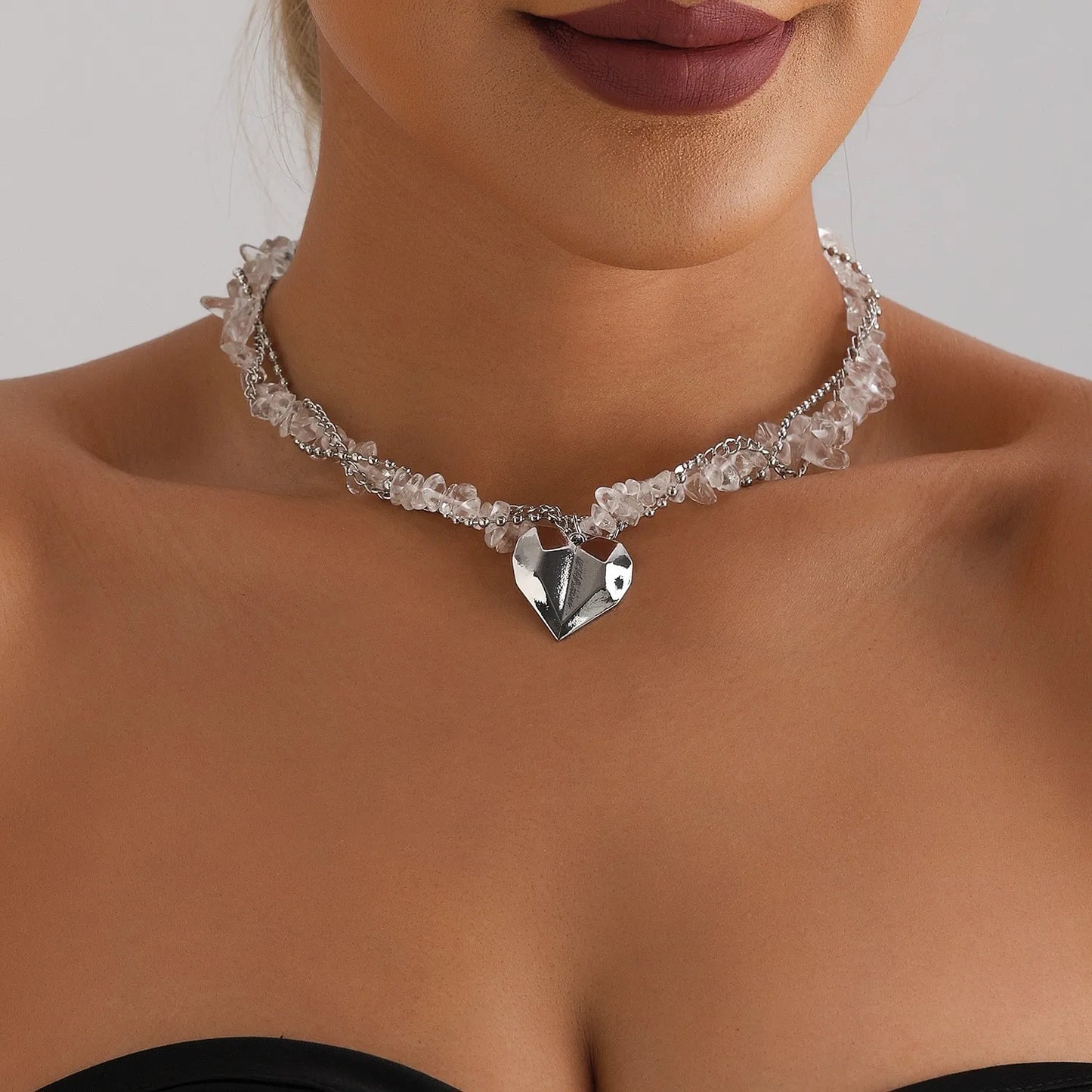 New Heart Beaded Necklace Bracelet Ring Women Boho Crystal Class Gravel Clavicle Chain Cool Y2K Choker Exquisite Fashion Jewelry