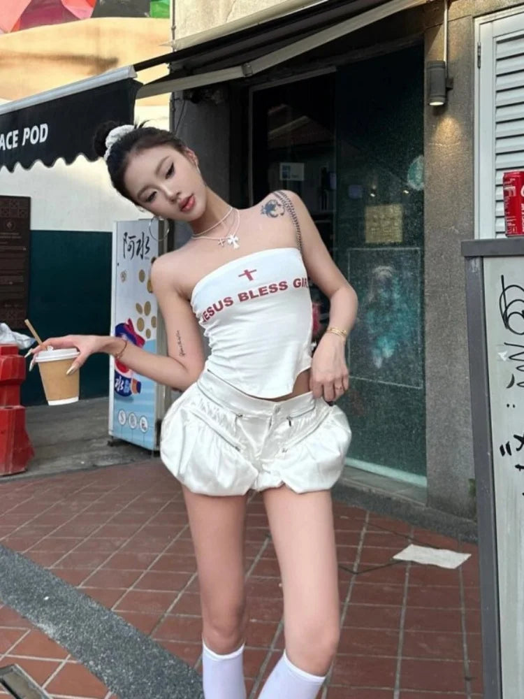 Oshfall European and American hot girls 2024 summer new sexy sleeveless letter print slim tube top sweet spicy women's top