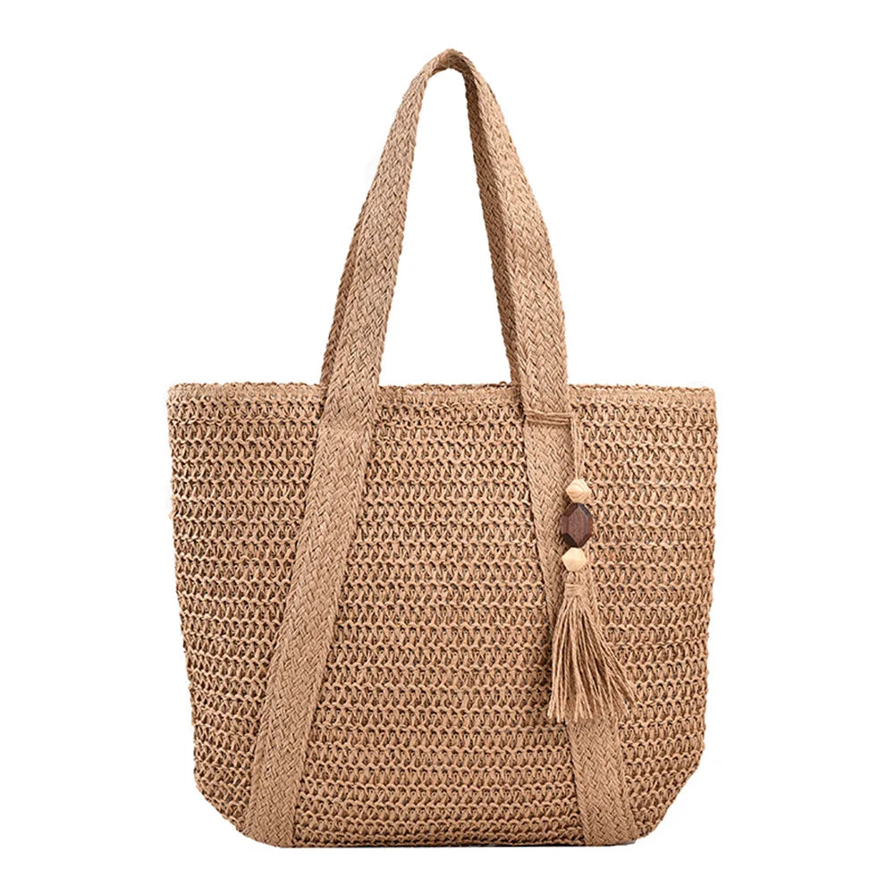 Hand-Woven Handbags Summer Ladies Woven Bag Fashion Handmade Simple Large Capacity with Tassel Pendant Shopping Handbag Tote