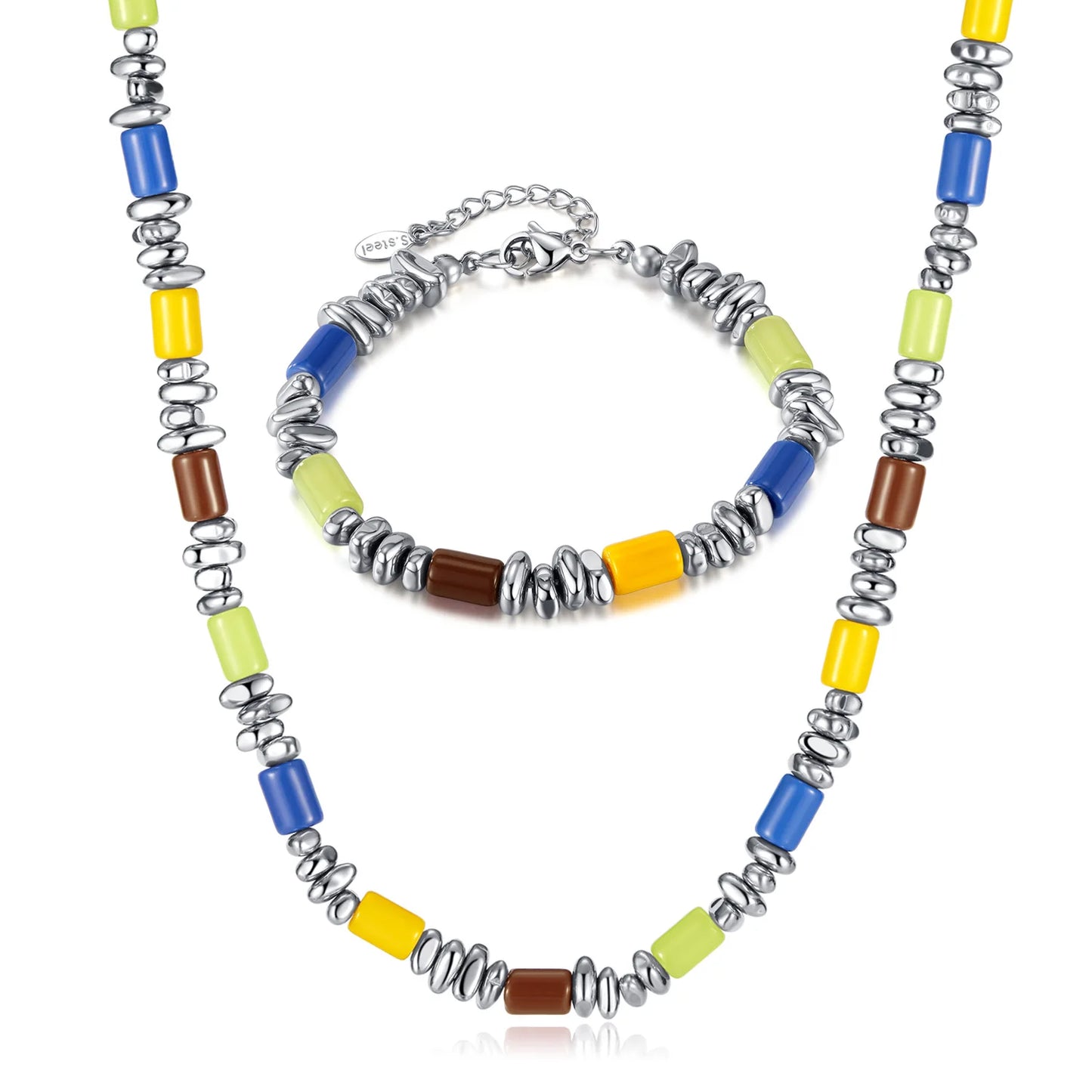Necklaces and Bracelet Set for Women Beautiful Colorful Hand Chains Fashion Jewelry Stainless Steel Gold Color