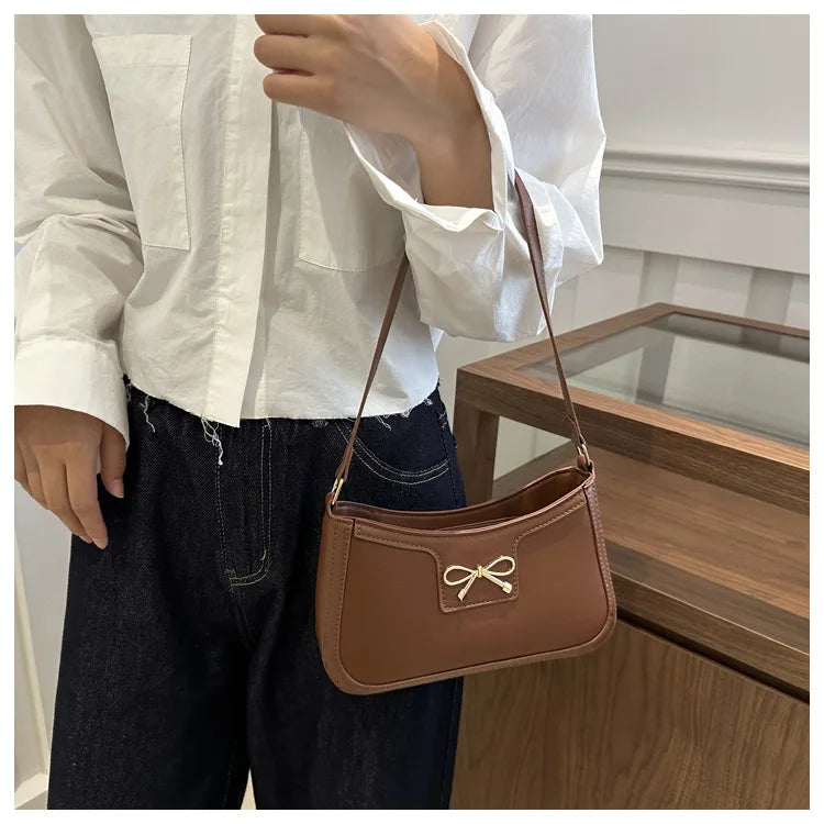 Chic Handbag Shoulder Bag for Women Elegant Underarm Purse with Golden-Tone Bow Detail, PU Material, Perfect for Everyday Use