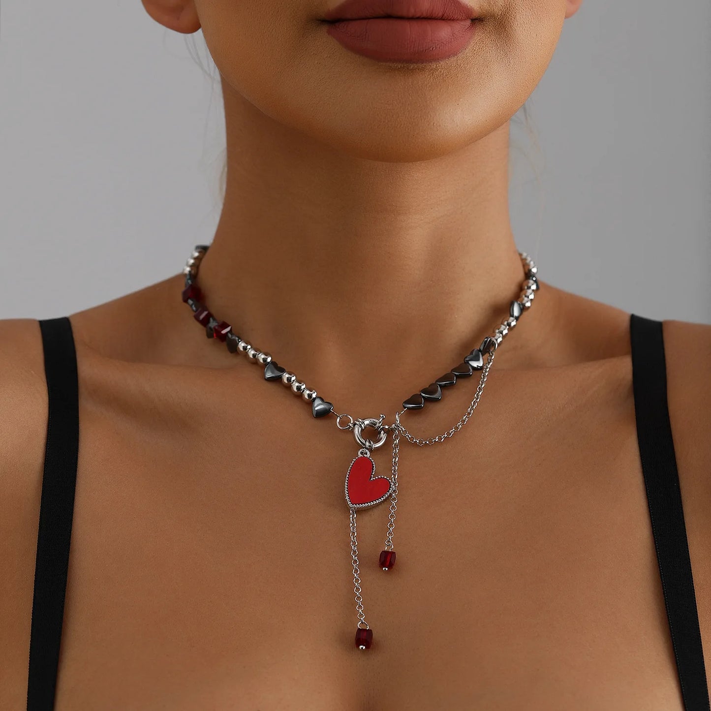New Heart Beaded Necklace Bracelet Ring Women Boho Crystal Class Gravel Clavicle Chain Cool Y2K Choker Exquisite Fashion Jewelry