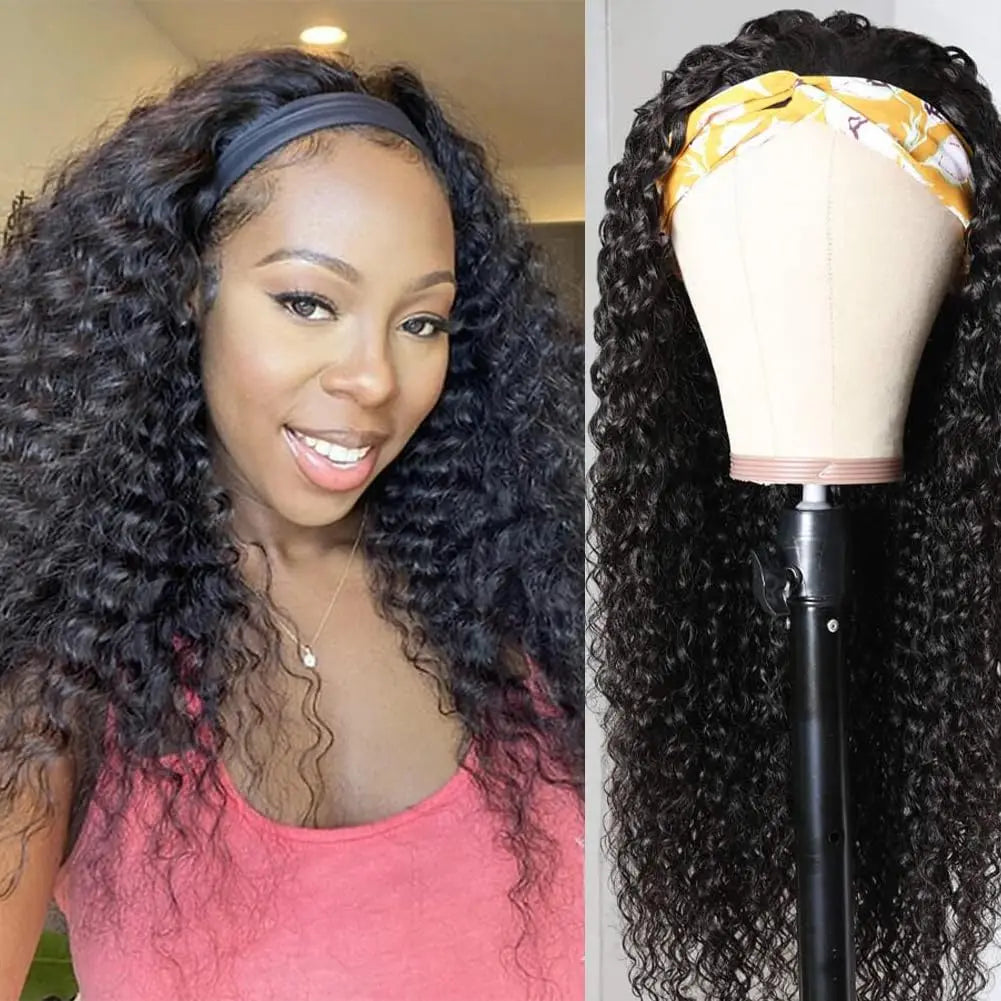 YAVIDA Curly Headband Wig Human Hair 10-24 Curly Hair Headband Wig Indian Virgin Machine Made Human Hair Wigs With Headband