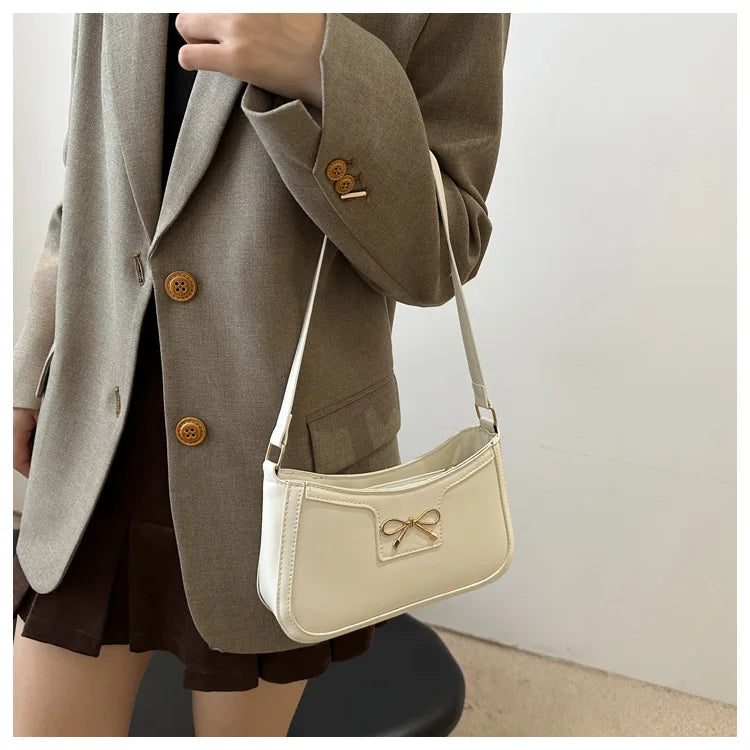 Chic Handbag Shoulder Bag for Women Elegant Underarm Purse with Golden-Tone Bow Detail, PU Material, Perfect for Everyday Use