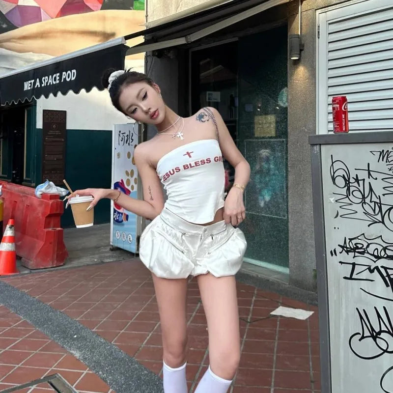 Oshfall European and American hot girls 2024 summer new sexy sleeveless letter print slim tube top sweet spicy women's top