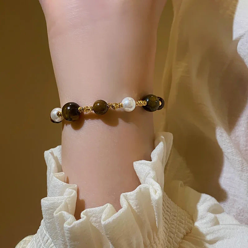 Stainless Steel Natural Tiger Eye Stone Bracelet For women Pearl Indian Style Necklaces and Bracelets Handmade Ethnic Jewel