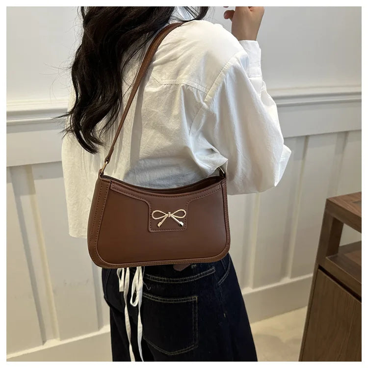 Chic Handbag Shoulder Bag for Women Elegant Underarm Purse with Golden-Tone Bow Detail, PU Material, Perfect for Everyday Use