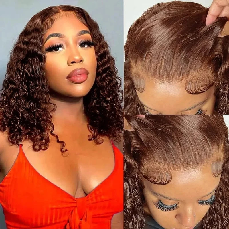 Deep Curly Chocolate Brown 200% Density Bob Wig Wet And Water Wavy Pre Plucked Virgin Hair 13x4 Lace Frontal Human Hair Wigs #4