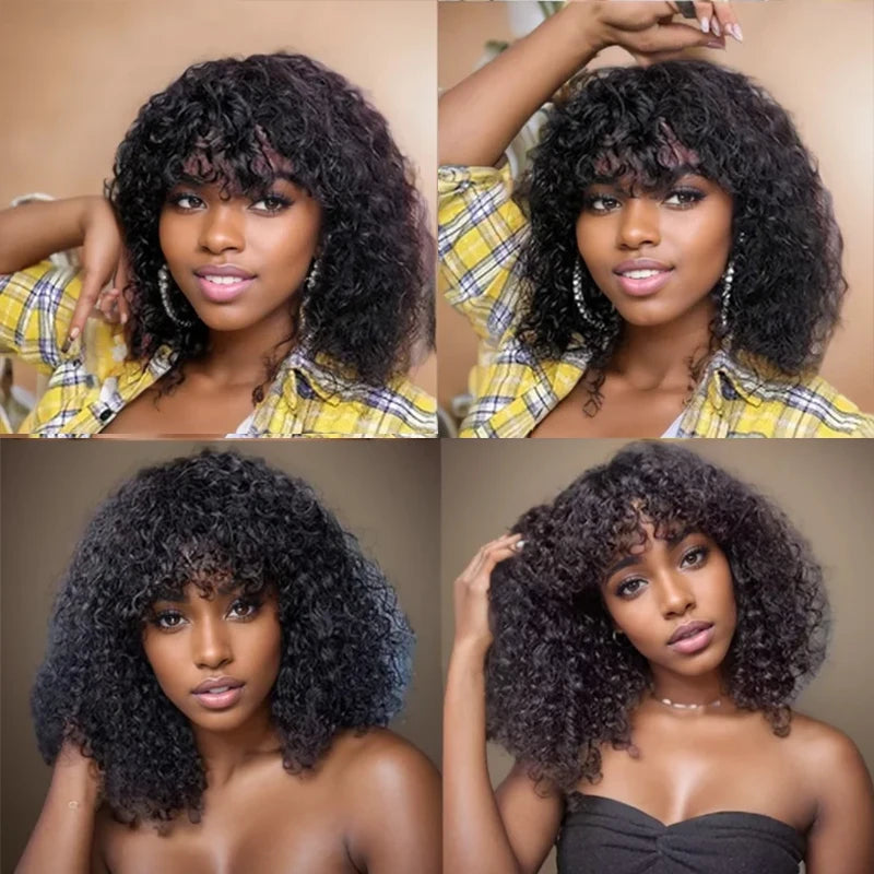 Human Hair Curly Wig With Bangs Natural Brazilian Hair Wigs For Women Short Curly Bob Wigs With Fringe 180% D Full Machine Wigs