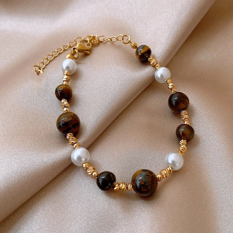 Stainless Steel Natural Tiger Eye Stone Bracelet For women Pearl Indian Style Necklaces and Bracelets Handmade Ethnic Jewel