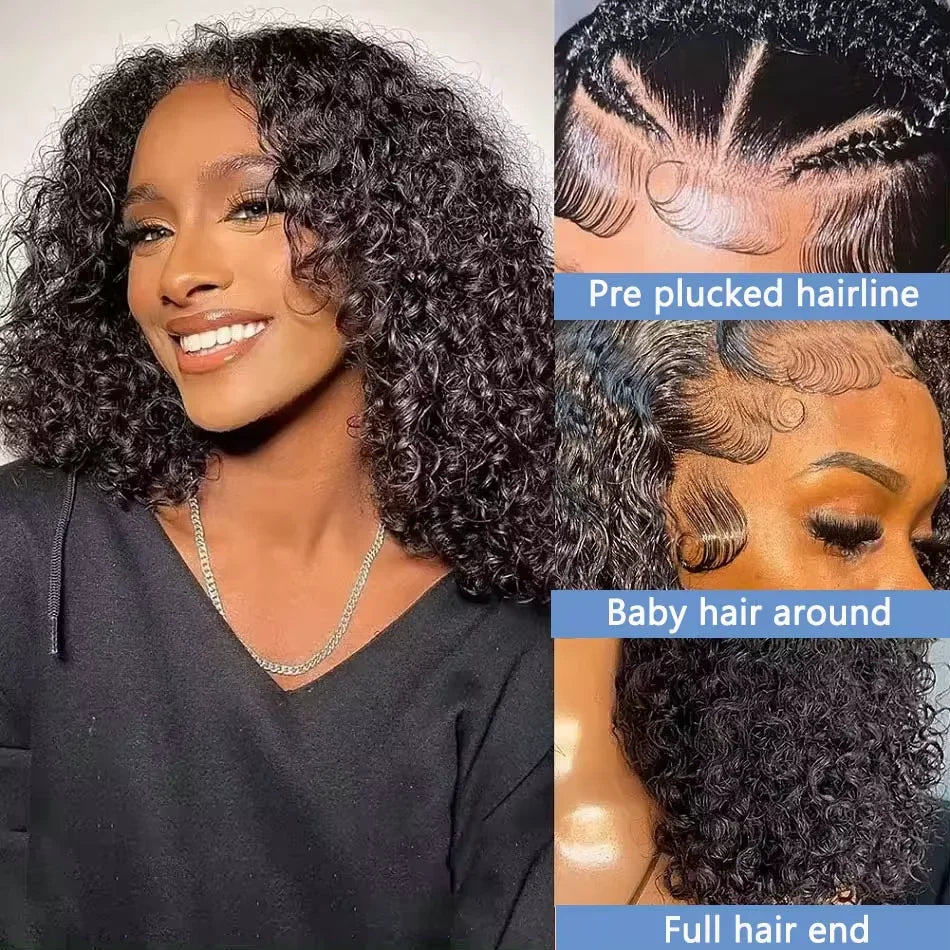 Brazilian 100% Human Deep Curly Bob Hair Wigs Natural Black Color Deep Wave HD Lace Front Part 13x4 Transparent Lace Wigs