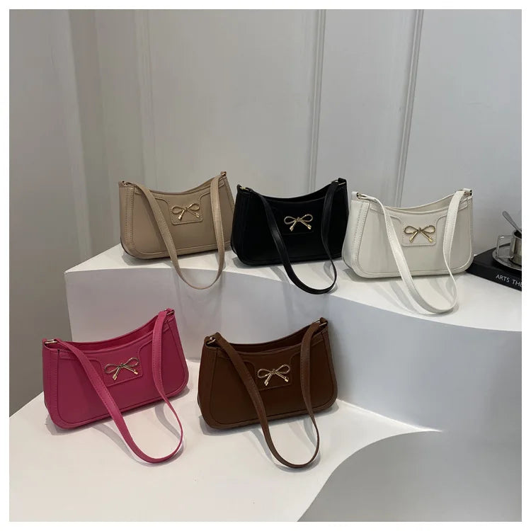 Chic Handbag Shoulder Bag for Women Elegant Underarm Purse with Golden-Tone Bow Detail, PU Material, Perfect for Everyday Use