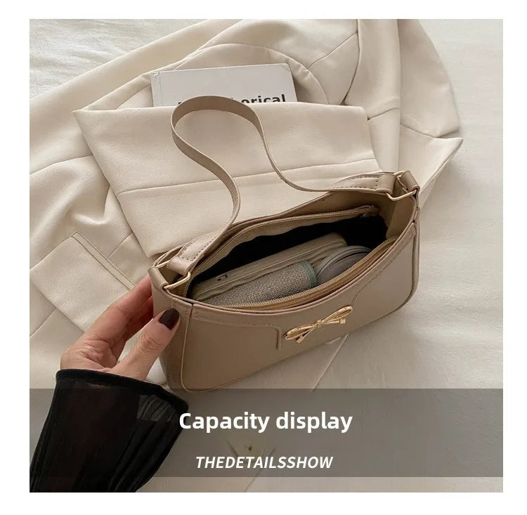 Chic Handbag Shoulder Bag for Women Elegant Underarm Purse with Golden-Tone Bow Detail, PU Material, Perfect for Everyday Use