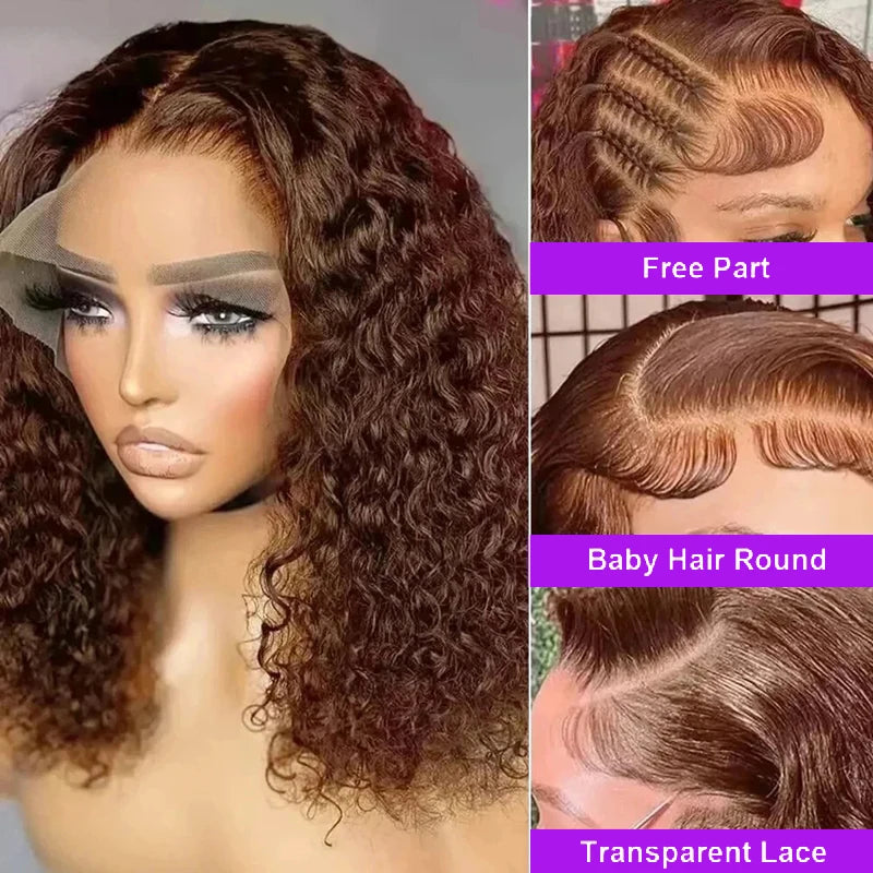 Deep Curly Chocolate Brown 200% Density Bob Wig Wet And Water Wavy Pre Plucked Virgin Hair 13x4 Lace Frontal Human Hair Wigs #4